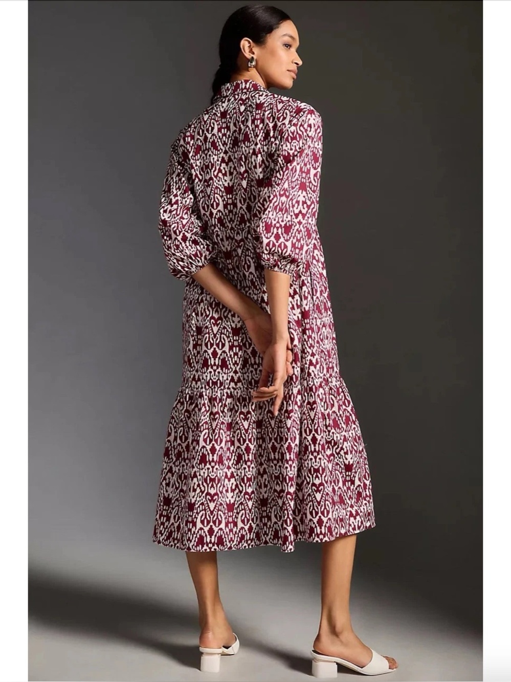 Maeve • Anthropologie Bettina Tiered Shirt Dress maxi midi cotton Wine Ikat - Picture 14 of 14
